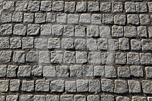 Contrasty close up filled frame background wallpaper shot of grey rough pavement bricks of a sidewalk road forming squares,