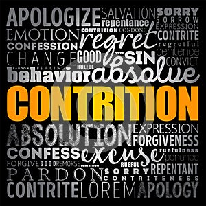 Contrition - the state of feeling remorseful and penitent, word cloud concept background