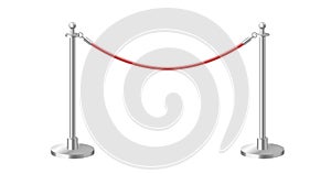 Control barrier with red rope on silver stanchions. Realistic 3d template element isolated