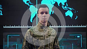 Control center. Military headquarters surveillance officers cyber police working in office, young soldier posing at
