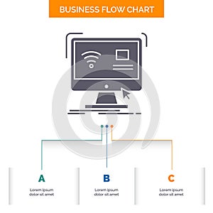Control, computer, monitor, remote, smart Business Flow Chart Design with 3 Steps. Glyph Icon For Presentation Background Template