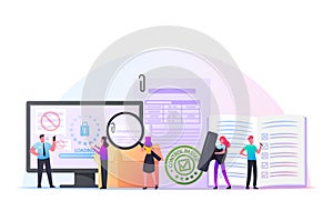 Control Concept. Tiny Characters with Document at Huge Computer Controlling Goods Quality. Internet Security Access