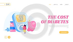 Control Diabetes Sickness Landing Page Template. Tiny Diseased Female Character Insert Sample with Blood