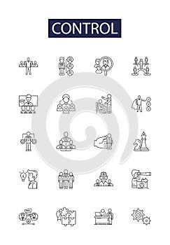 Control line vector icons and signs. Rule, Command, Dominant, Govern, Oversee, Master, Direct, Supervise outline vector