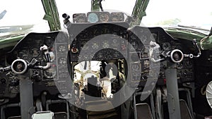 Control panel in cabin of old aircraft with command texts in russian language