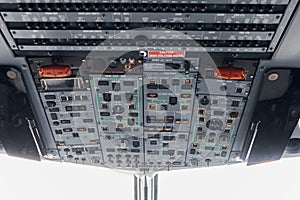 Control panel. Close up focused view of airplane cockpit