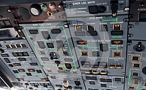 Control panel. Close up focused view of airplane cockpit