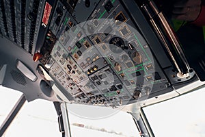 Control panel. Close up focused view of airplane cockpit