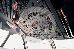 Control panel. Close up focused view of airplane cockpit