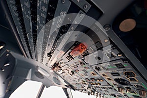 Control panel. Close up focused view of airplane cockpit