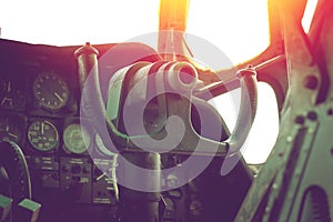 Control panel in cockpit of old military airplane