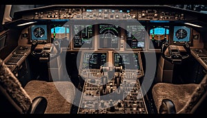 Control panel and dashboard in cockpit of commercial airplane flying generated by AI