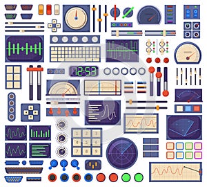 Control panel elements, buttons dials, tuners and connection ports. Retro control panel interface elements  illustration set