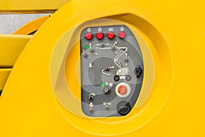 Control panel equipment for hydraulic crane or lifting, telescopic platform, close-up