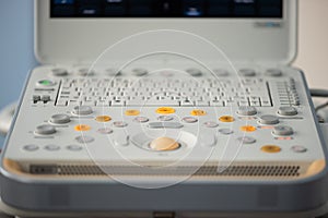 Control panel and keyboard of a modern ultrasonic scanner.