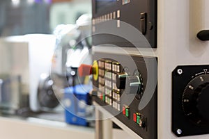 Control panel of modern CNC lathe machine close up