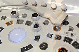 Control panel of modern diagnostic medical ultrasound machine with linear probe