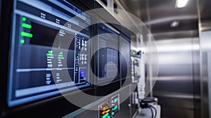 Control panel monitoring manufacturing process showing charts and data analysis