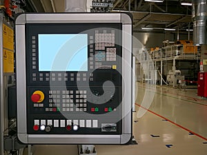 The control panel with the screen of the metal-cutting machine. Close-up