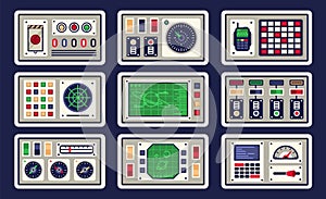 Control panel in spaceship with all kinds of controls