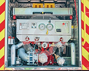 Control panel of the water supply system in a fire truck. Water pump in fire truck