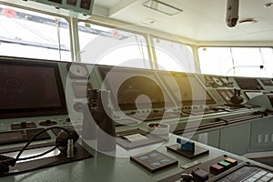 Control room of cargo ship on the top bridge for navigation