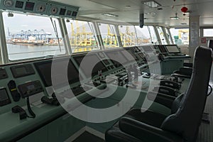 Control room of cargo ship on the top bridge for navigation at sea. This cargo ship`s control room