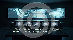 Control Room Console Displaying Abstract Data Visualizations and Complex Digital Interface in Dark Environment with