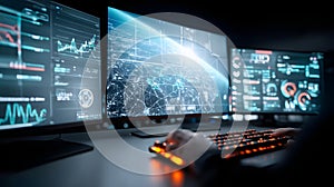 Control room dashboard with multiple monitors displaying AI forecasting maps, analytics charts, and global data visualization,