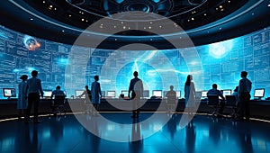 Control room with data displays and team members