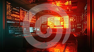 Control room displaying glowing code and digital data