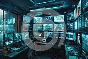 The control room features numerous screens showcasing data analytics and