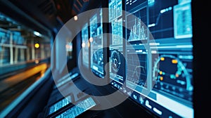 Control room monitoring system showing charts and graphs for manufacturing process