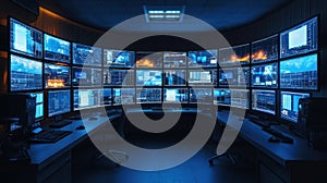 a control room with monitors and data screens, showcasing