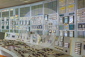 Control room in a nuclear power plant with a variety of electronic devices and a control board