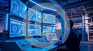 Control Room Operator Monitors Data Visualization on Multiple Computer Screens