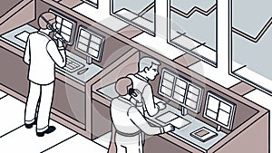 Control Room Operators Monitoring Data Management Center, vector design Generative AI