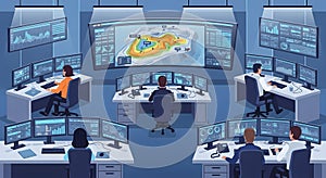 Control Room Operators Monitoring Data and Maps in Modern Command Center