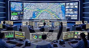 Control Room Operators Monitoring Large Digital Maps and Data Displays