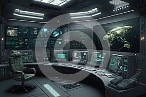 Control room with screens and computers, interior of command center, generative AI