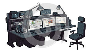 Control room setup featuring multiple computer monitors displaying charts and data,
