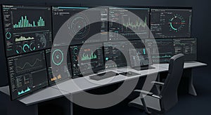 Control room setup with multiple monitors displaying various data visualizations,
