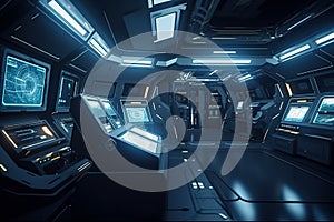 Control room in spacecraft, interior of spaceship or space station, generative AI