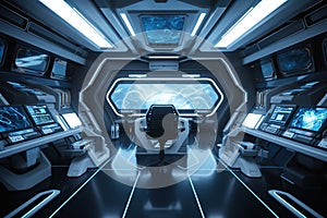 Control room in spacecraft, interior of spaceship or space station, generative AI