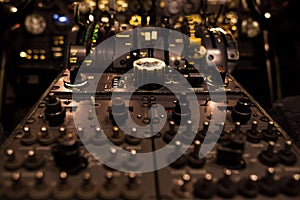 Control switches in airplane cockpit closeup