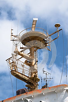 Control tower with radar antenna and navigation equipment on an