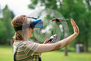 Control using VR points in a quadrocopter in the park. concept of new technologies. flights