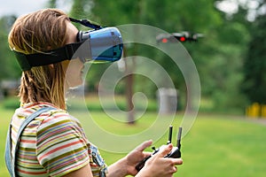 Control using VR points in a quadrocopter in the park. concept of new technologies. flights