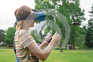 Control using VR points in a quadrocopter in the park. concept of new technologies. flights