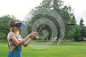 Control using VR points in a quadrocopter in the park. concept of new technologies. flights